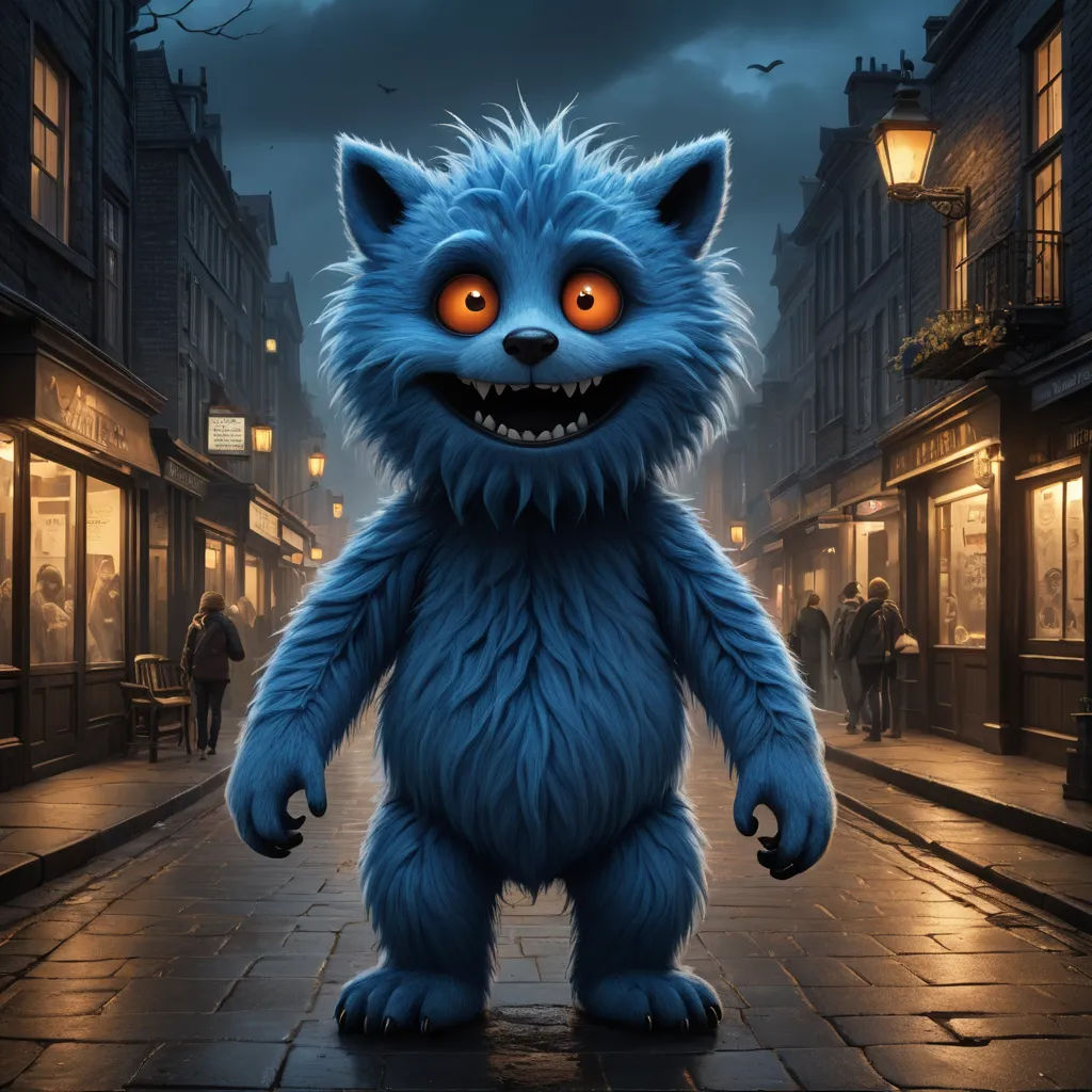 a blue furry animal standing on a street at night with a full moon in the background and people walking on the sidewalk, furry art, a digital painting, Chris LaBrooy, ultra realistic digital art