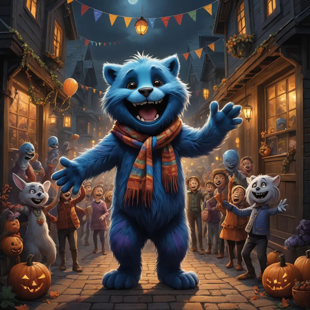 a cartoon character is standing in a street with a crowd of people behind him and a blue bear with a scarf around his neck, furry art, a storybook illustration, Chris LaBrooy, official art