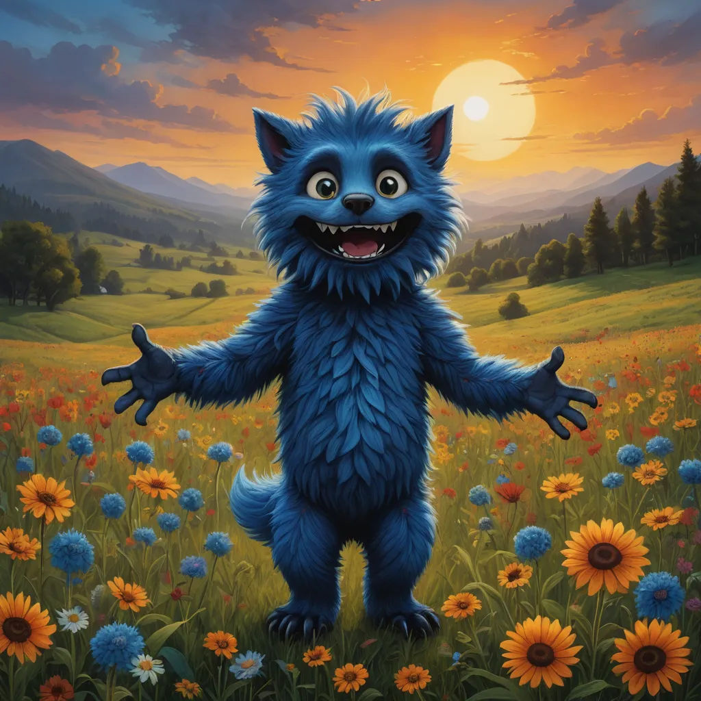 a painting of a blue furry creature standing in a field of flowers with the sun setting behind it and mountains in the distance, furry art, a character portrait, Chris LaBrooy, promotional image