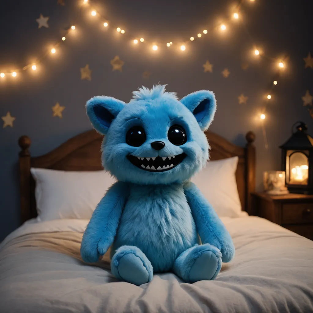 a blue stuffed animal sitting on a bed with a string of lights above it and a night light above it, sots art, a character portrait, Chris LaBrooy, rendered in unreal engine 5