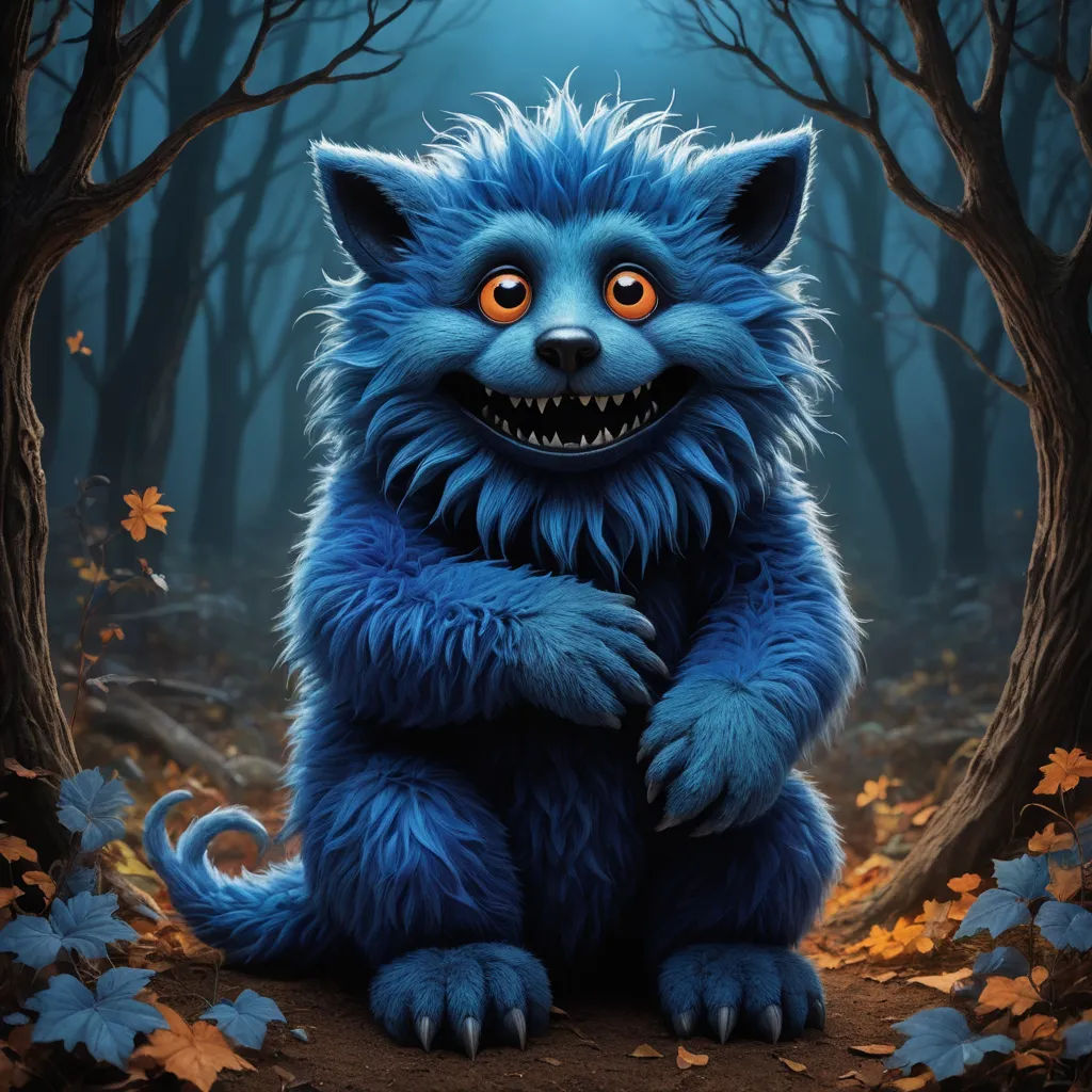 a blue furry animal sitting in a forest with leaves on the ground and a full moon in the background, furry art, a digital painting, Chris LaBrooy, highly detailed digital painting