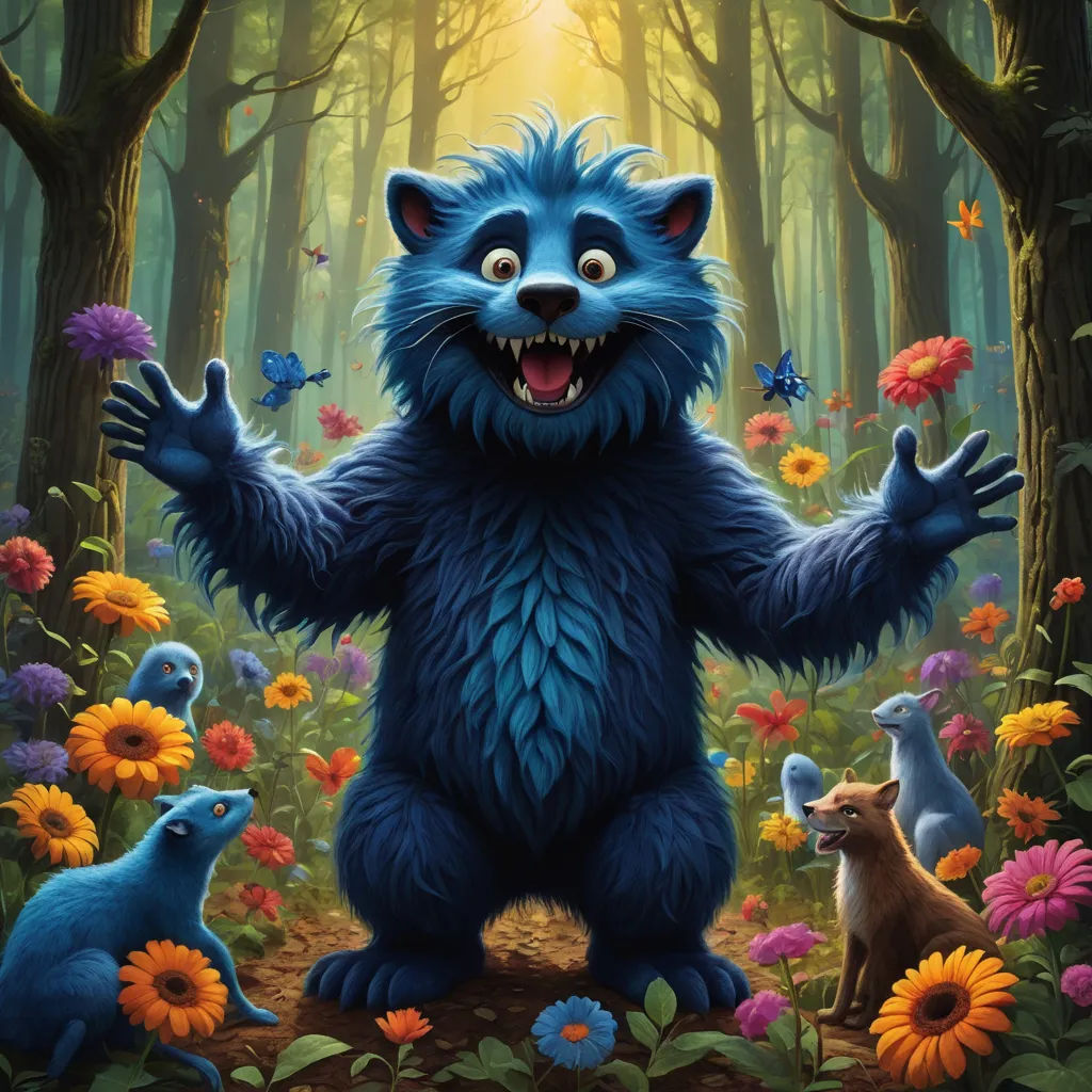 a blue furry animal standing in a forest with flowers and butterflies around him and a sunbeam in the background, furry art, a character portrait, Chris LaBrooy, promotional image