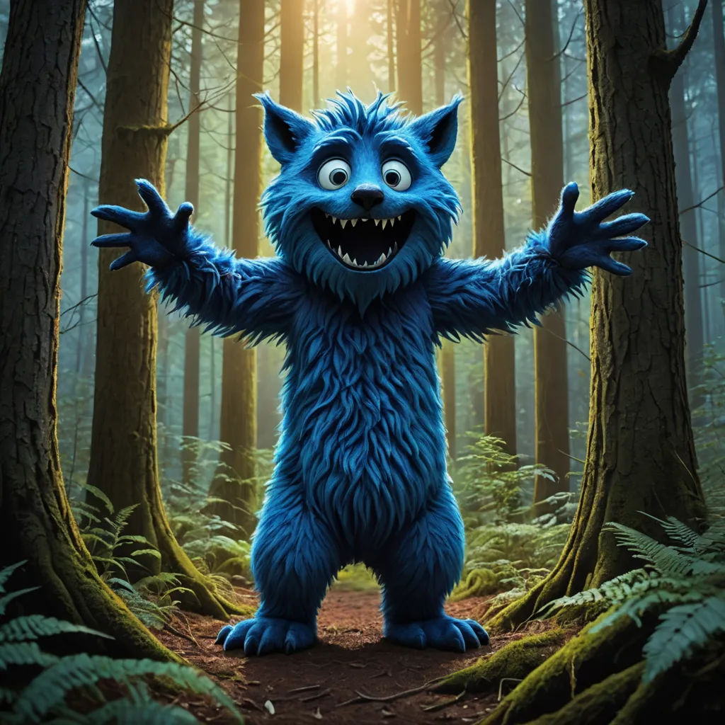 a blue furry animal standing in a forest with his arms outstretched and eyes wide open, with his hands out, furry art, a character portrait, Chris LaBrooy, promotional image
