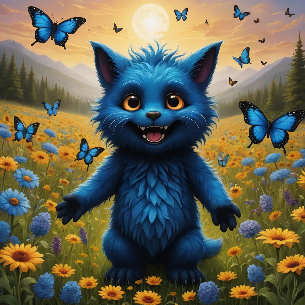 a blue cat standing in a field of flowers with butterflies flying around it and a sun setting behind it, furry art, a character portrait, Cedric Seaut (Keos Masons), promotional image