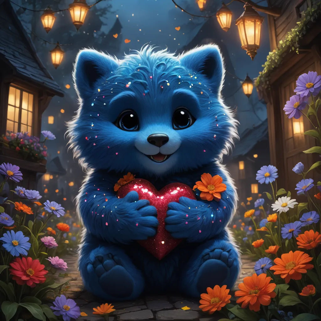 a blue bear holding a heart in a garden of flowers and flowers with a house in the background at night, furry art, an airbrush painting, Chris LaBrooy, magic the gathering artwork