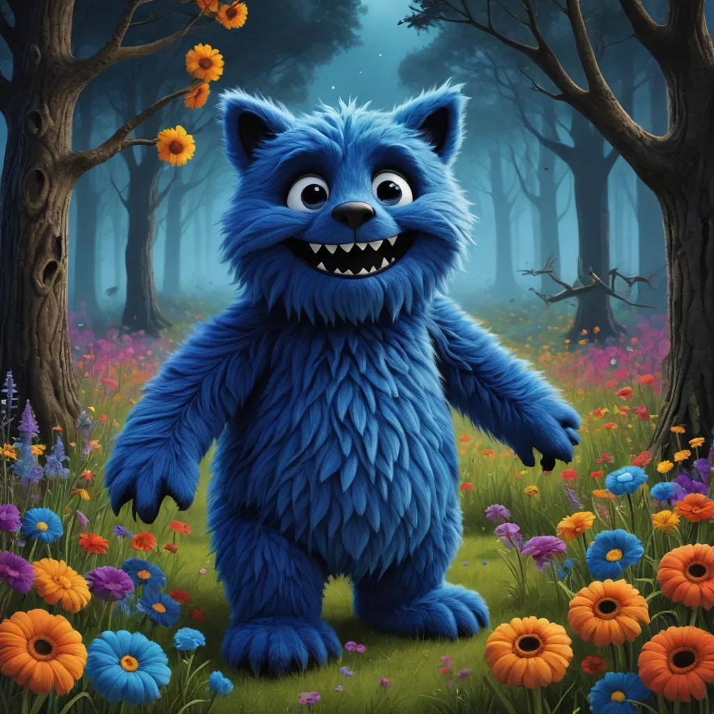 a blue furry animal standing in a forest with flowers and trees in the background and a full moon in the sky, sots art, a digital painting, Chris LaBrooy, promotional image