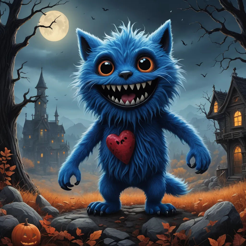 a blue furry cat with a heart in its mouth standing in front of a house with a full moon, furry art, a digital painting, Chris LaBrooy, highly detailed digital painting