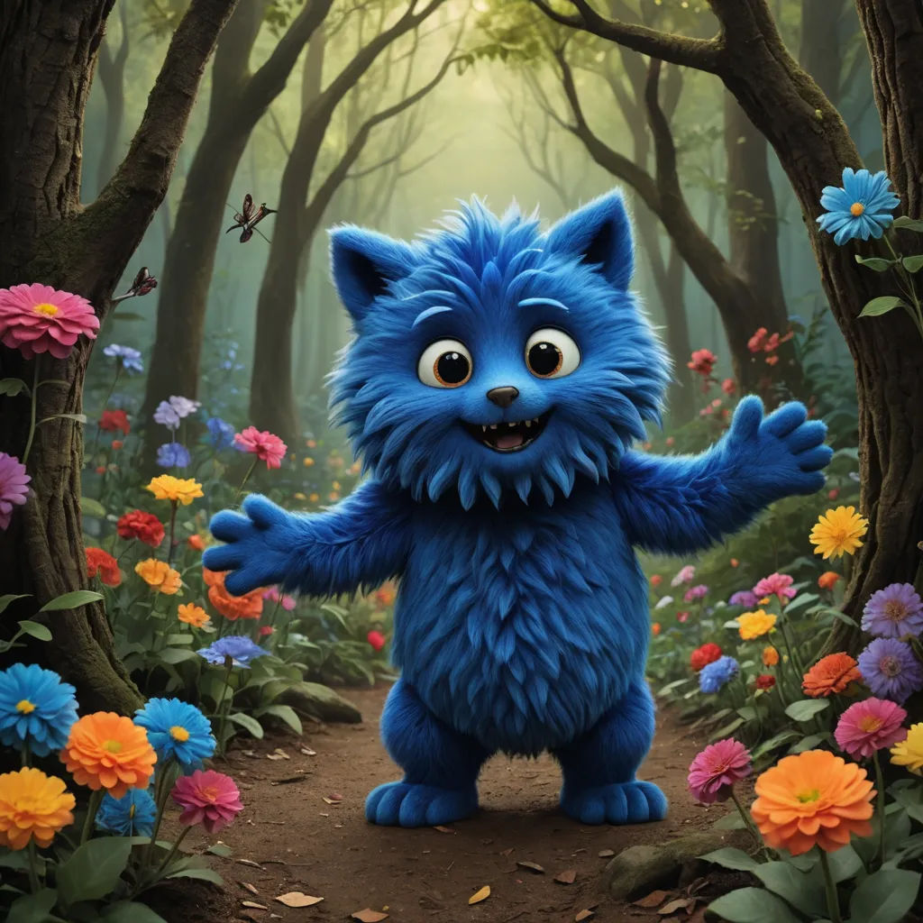 a blue furry cat standing in a forest with flowers and butterflies around him and a butterfly flying above it, furry art, a character portrait, Chris LaBrooy, promotional image