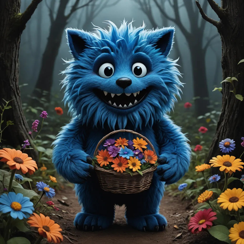 a blue furry monster holding a basket of flowers in a forest with flowers around it and a creepy face, furry art, a character portrait, Chris LaBrooy, promotional image