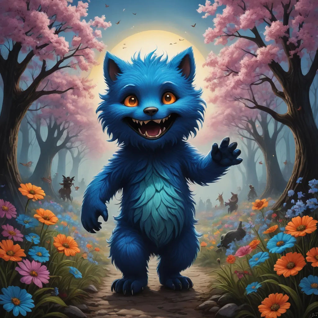 a blue furry animal standing in a forest with flowers and trees in the background and a full moon in the sky, furry art, a character portrait, Chris LaBrooy, professional digital painting