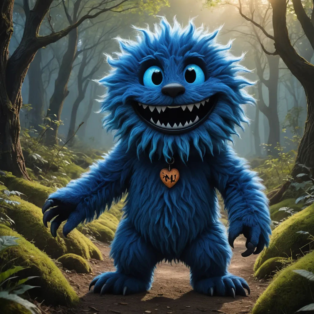a blue furry monster with a heart on its chest in a forest with trees and grass, with a trail leading to it, furry art, a character portrait, Chris LaBrooy, promotional image