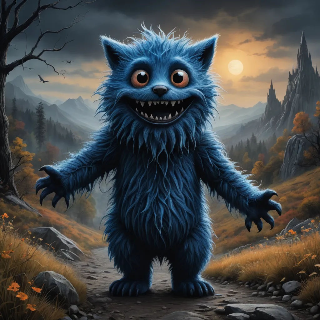 a blue furry creature standing on a dirt road in a forest with a full moon in the background and a dark sky, sots art, a digital painting, Chris LaBrooy, magic the gathering artwork