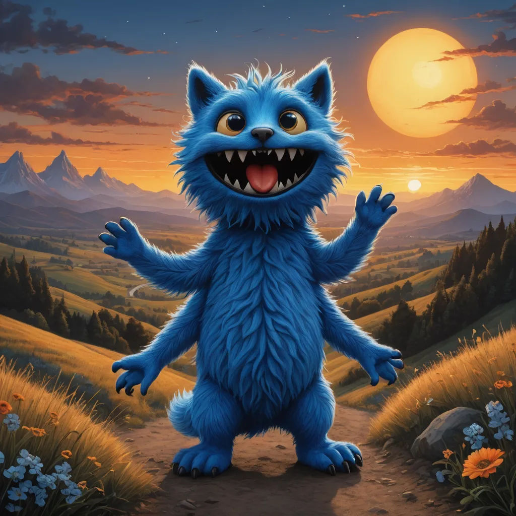 a blue furry creature standing on a dirt road in a field with mountains and flowers in the background and a full moon in the sky, sots art, a digital painting, Chris LaBrooy, magic the gathering artwork