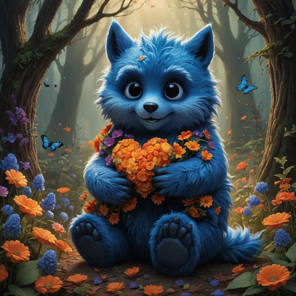 a blue furry animal with flowers in its paws sitting in a forest with butterflies and flowers around it,, furry art, a character portrait, Chris LaBrooy, official art
