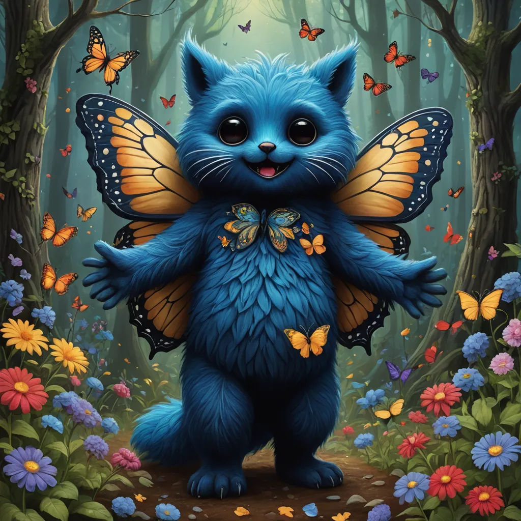 a blue cat with a butterfly on its chest in a forest with flowers and butterflies around it, with a butterfly on its chest, fantasy art, a character portrait, Chris LaBrooy, magic the gathering artwork
