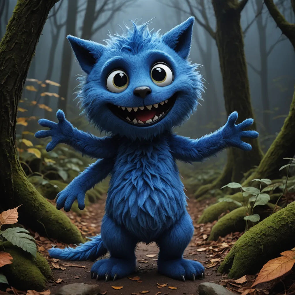 a blue furry animal standing in a forest with trees and leaves on the ground and a light shining on the ground, furry art, a 3D render, Chris LaBrooy, unreal engine 5 quality render