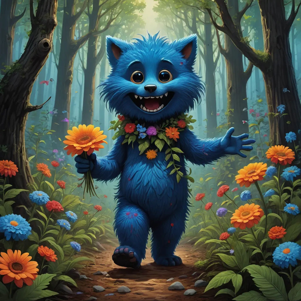 a blue furry animal standing in a forest with flowers in his mouth and a wreath of flowers in his mouth, furry art, a character portrait, Chris LaBrooy, magic the gathering artwork
