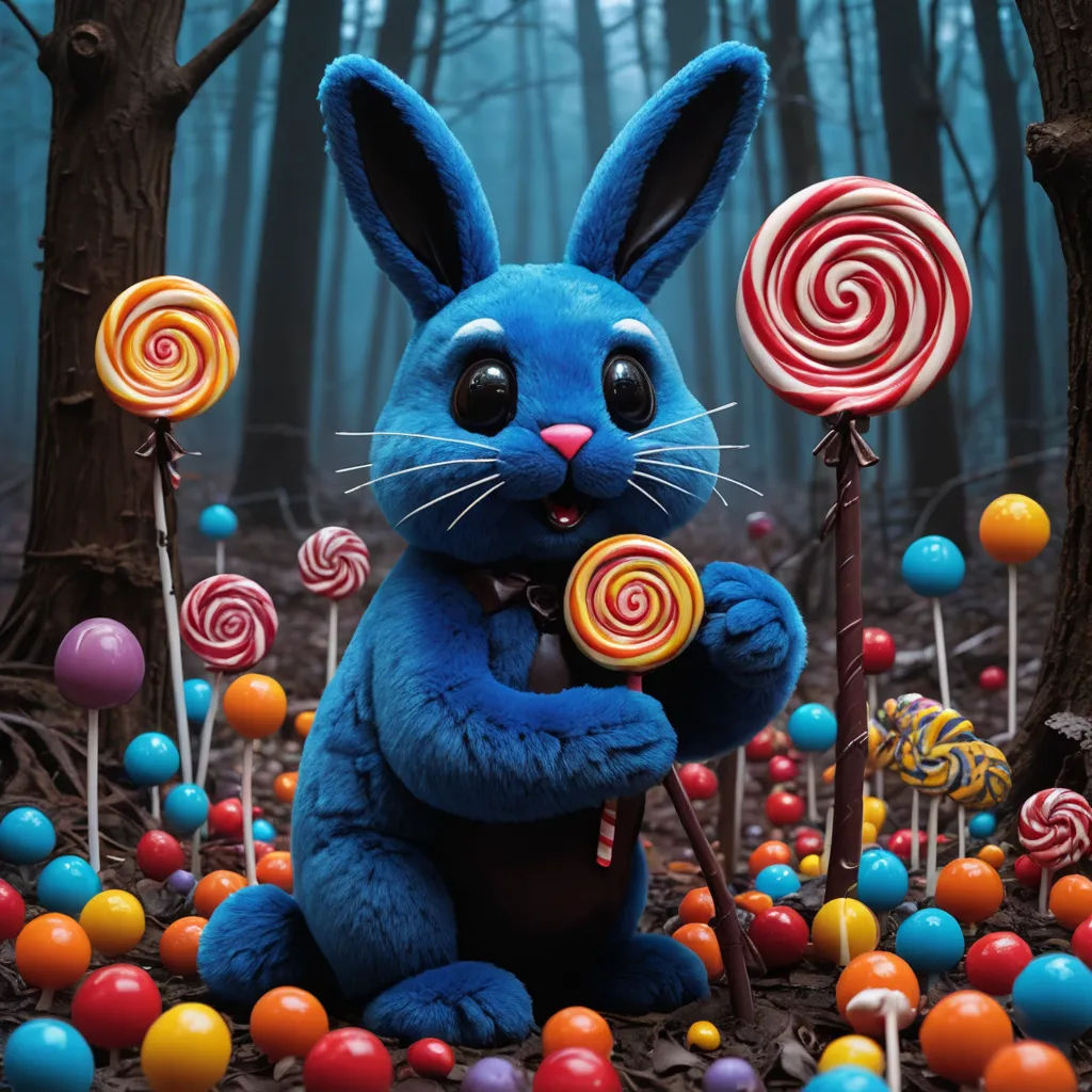 a blue bunny holding a lollipop in a forest of candy canes and candies with trees in the background, pop surrealism, a 3D render, Chris LaBrooy, vray render