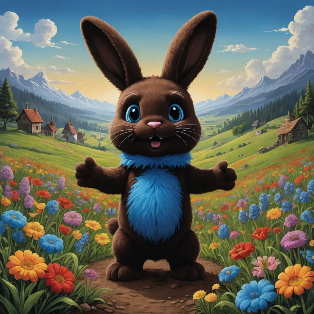 a painting of a rabbit standing in a field of flowers with a house in the background and a sky with clouds, furry art, an airbrush painting, Chris LaBrooy, official art