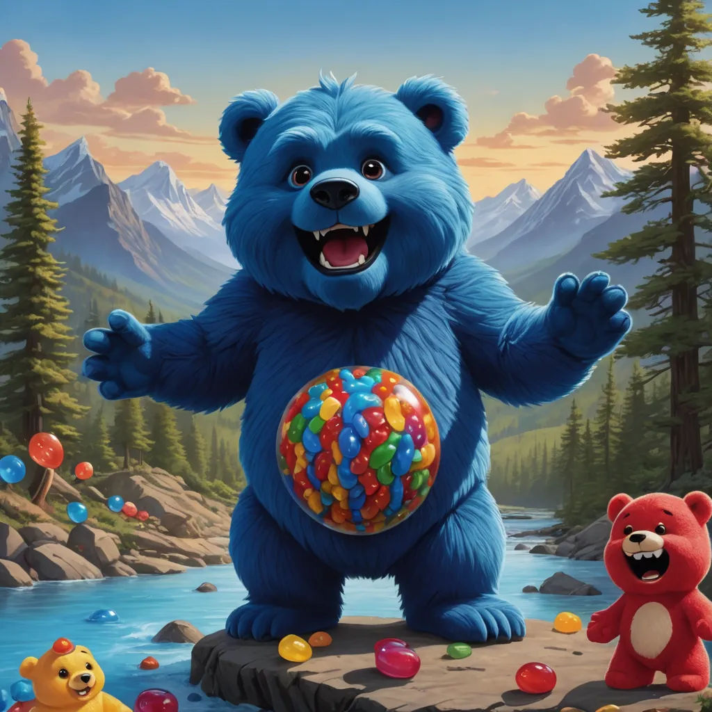a blue bear holding a candy ball in its paws and a bear standing next to it with a mountain background, furry art, an airbrush painting, Chris LaBrooy, promotional image