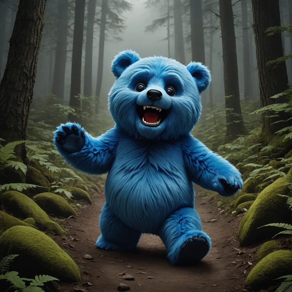 a blue bear is standing in the middle of a forest with trees and moss on the ground and a path leading to the woods, furry art, a character portrait, Chris LaBrooy, behance hd