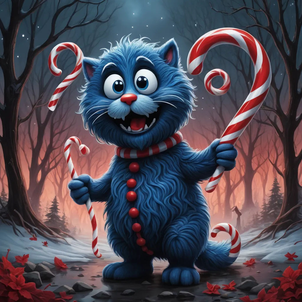 a blue cat holding a candy cane in a forest with trees and leaves on the ground and a full moon in the sky, furry art, a digital painting, Carlos Catasse, hi - fructose