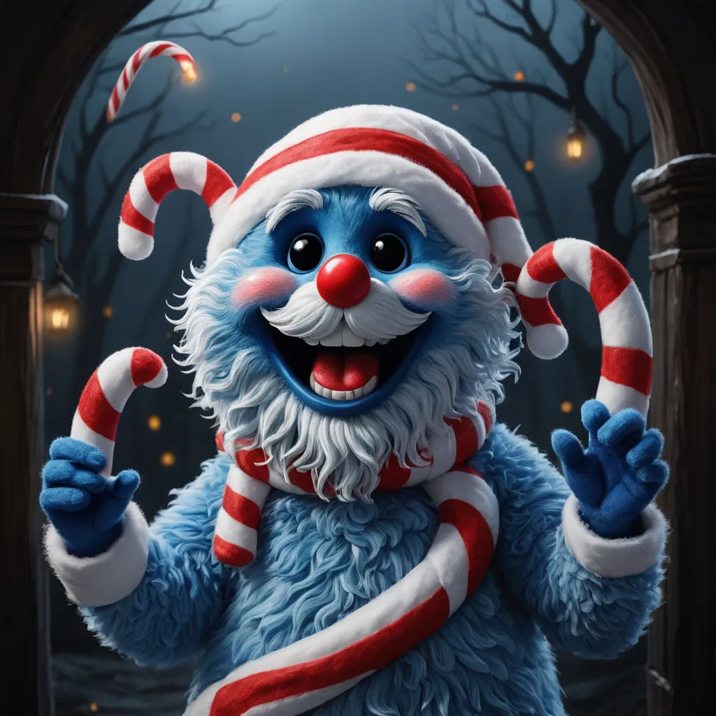 a cartoon character dressed in a santa hat and scarf holding a candy cane in front of a window with a creepy background, fantasy art, a digital painting, Ed Binkley, professional digital painting