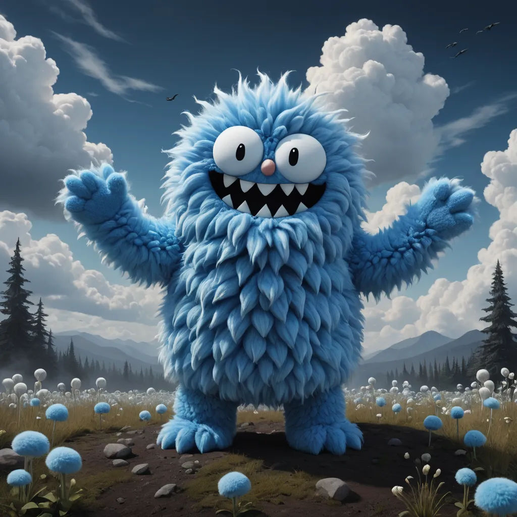 a blue monster with a big smile on his face and arms, standing in a field of blue flowers, fantasy art, a digital painting, Chris LaBrooy, magic the gathering artwork