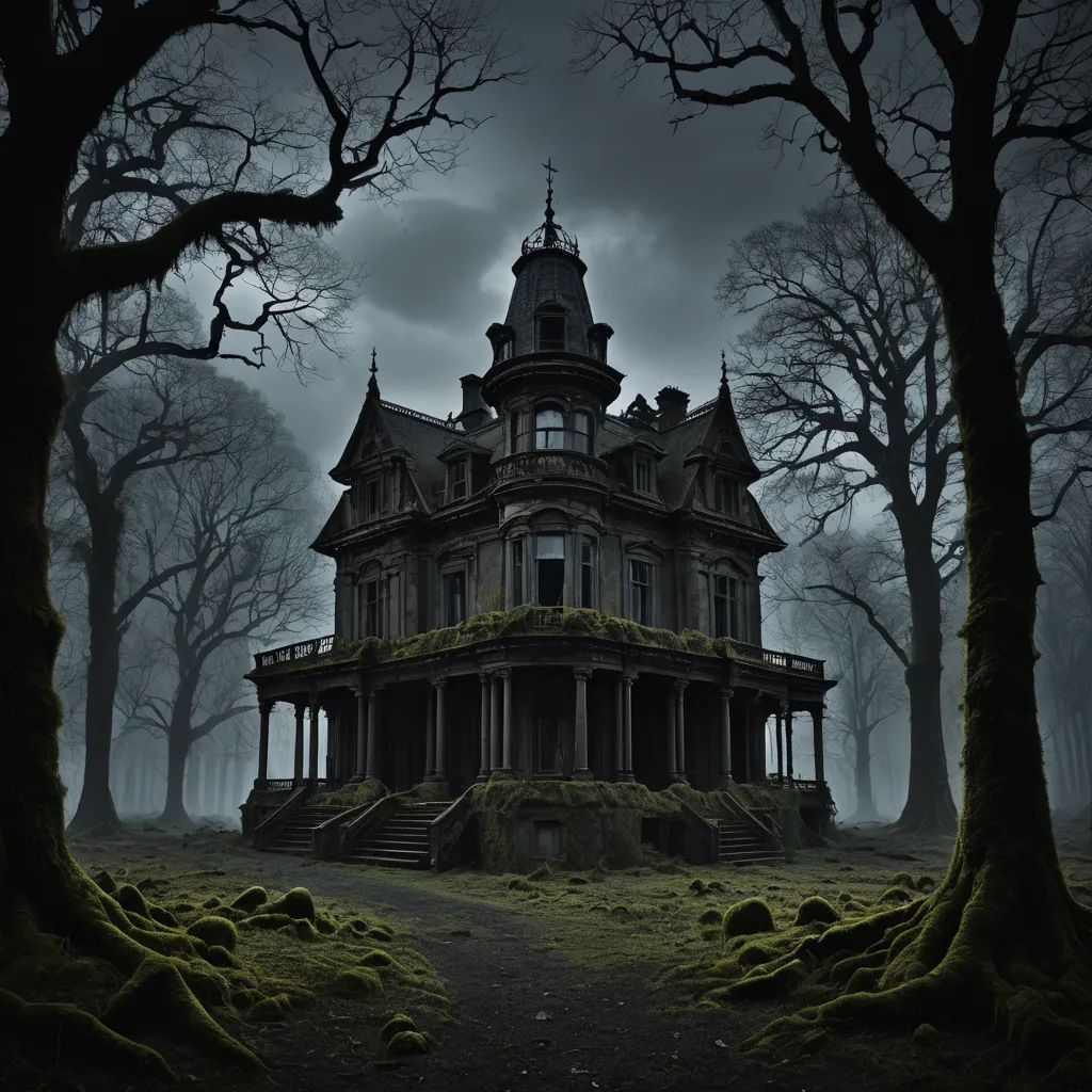 a creepy house in the middle of a forest with moss growing on the ground and trees around it, with a dark sky in the background, gothic art, a detailed matte painting, Dirk Crabeth, gothic
