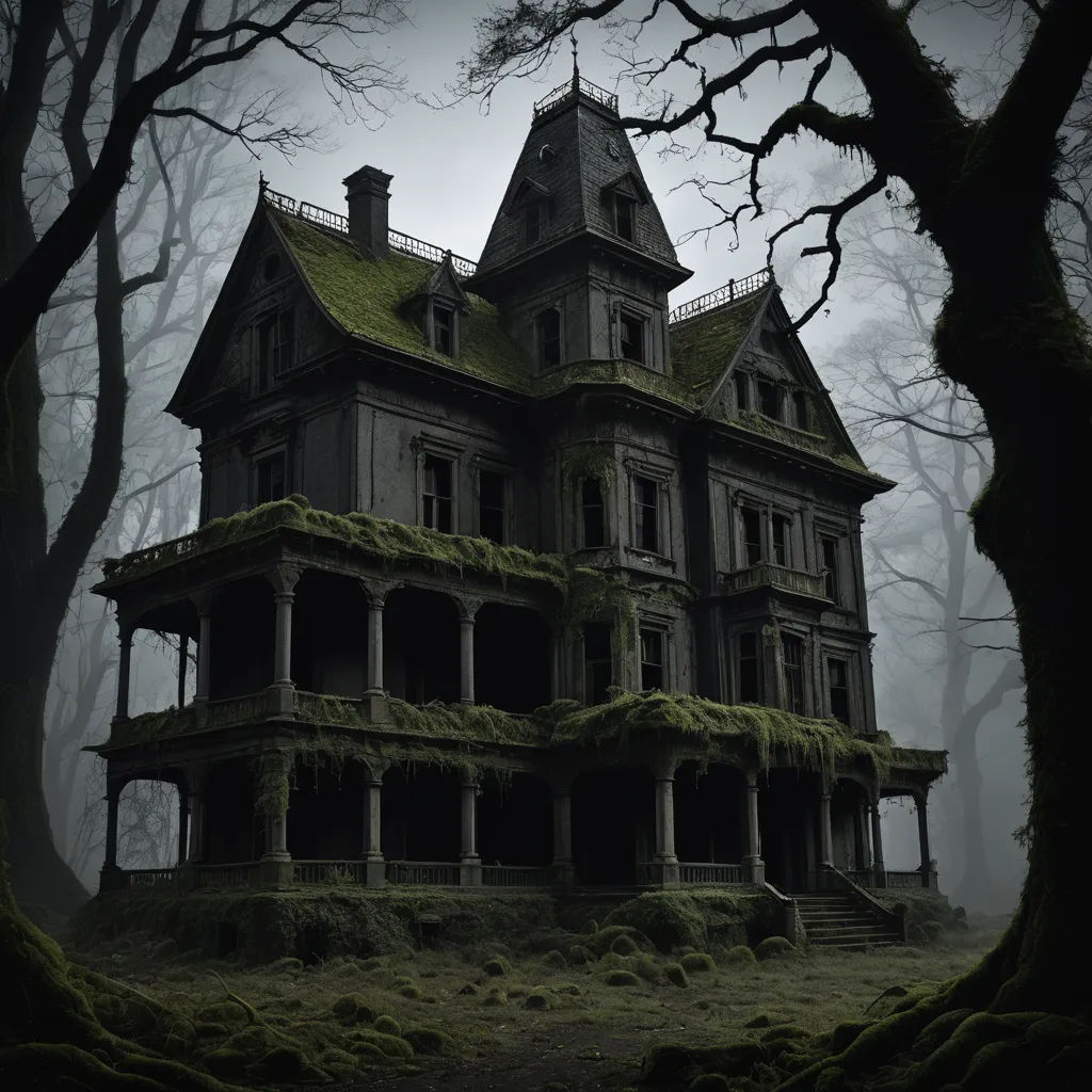 a creepy house with moss growing on the roof and windows and a steeple on the roof and a staircase leading up to the second floor, gothic art, a detailed matte painting, Eishōsai Chōki, gothic