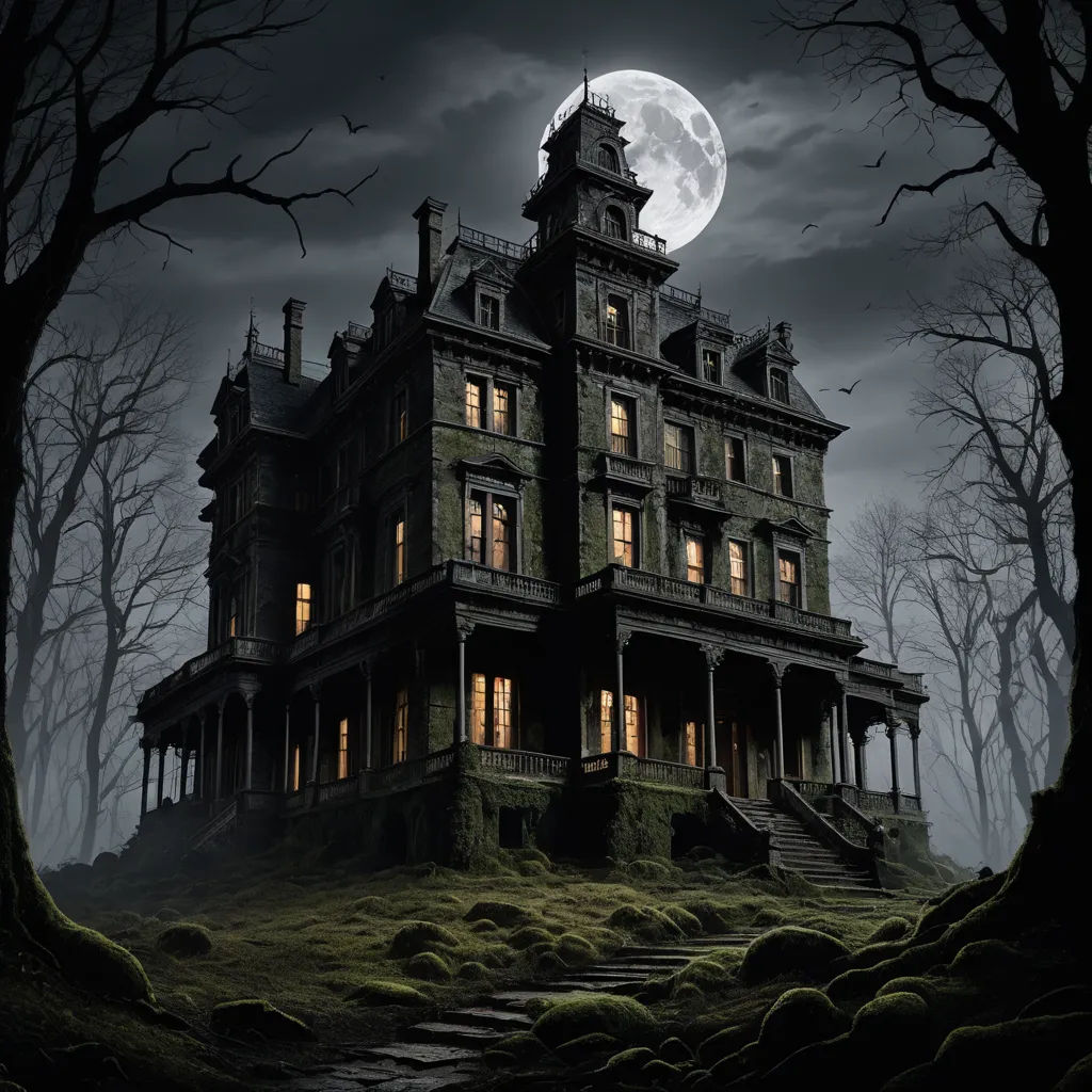 a creepy house with a full moon in the background and trees in the foreground, with a dark sky and a full moon in the background, gothic art, a detailed matte painting, Dirk Crabeth, gothic