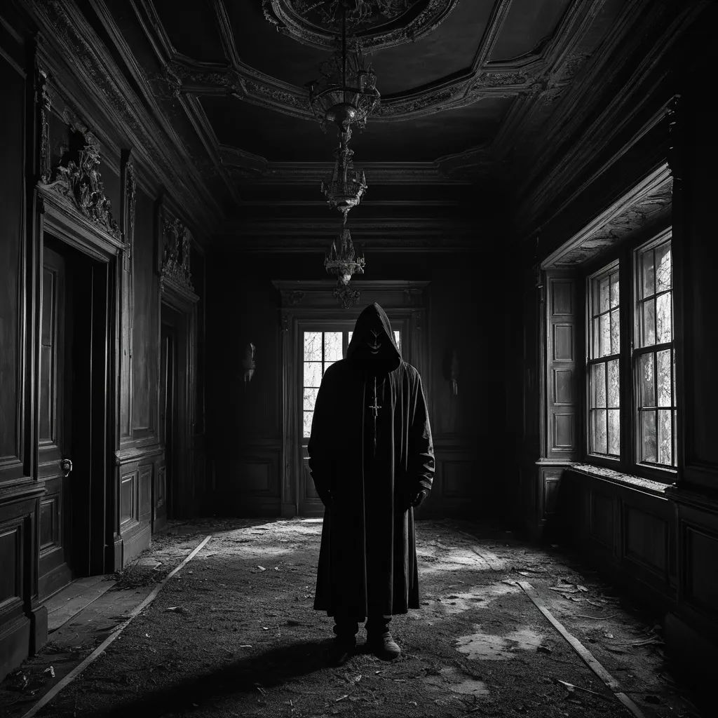 a man in a dark room with a robe on and a hood on standing in front of a window, art photography, a black and white photo, Dirk Crabeth, cinematic photography