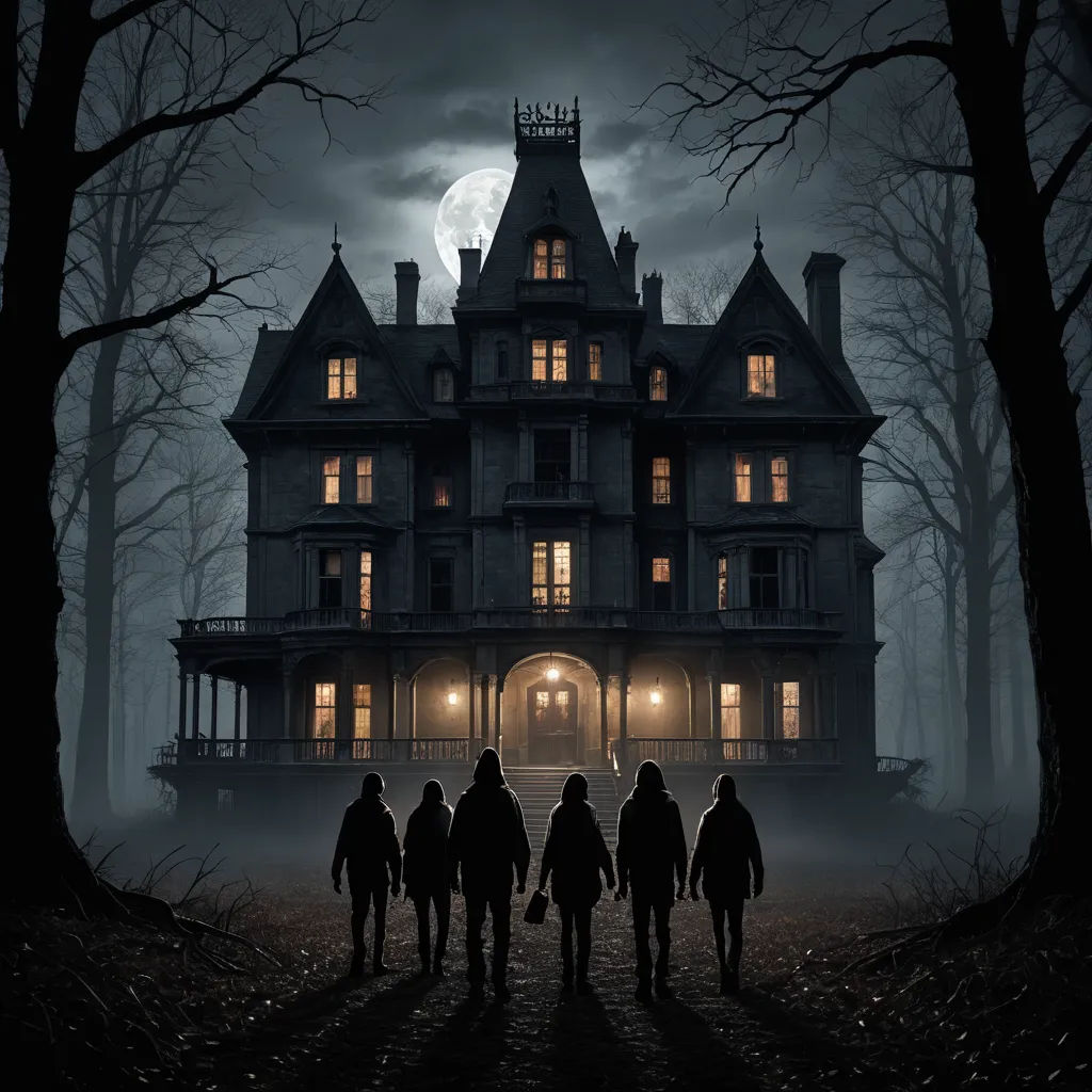 a group of people walking towards a creepy house at night with a full moon in the background and a full moon in the sky, gothic art, poster art, Clark Voorhees, key art