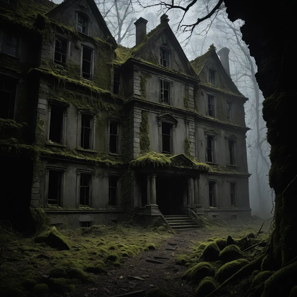 a creepy old house with moss growing on the roof and windows and a staircase leading to the second floor, gothic art, a matte painting, Dirk Crabeth, overgrown