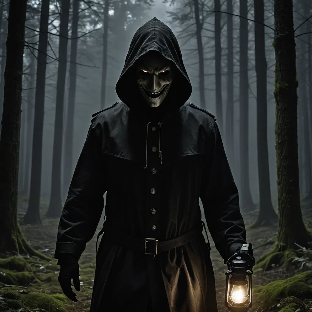 a man in a hooded jacket holding a lantern in a dark forest with fog and trees on either side, antipodeans, poster art, Dirk Crabeth, sinister