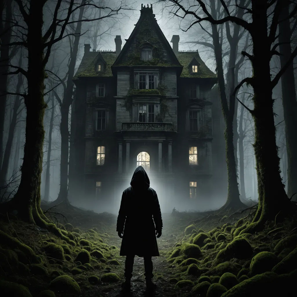 a person standing in front of a creepy house in the woods at night with lights on the windows and a creepy figure in the foreground, gothic art, poster art, Dirk Crabeth, promotional image
