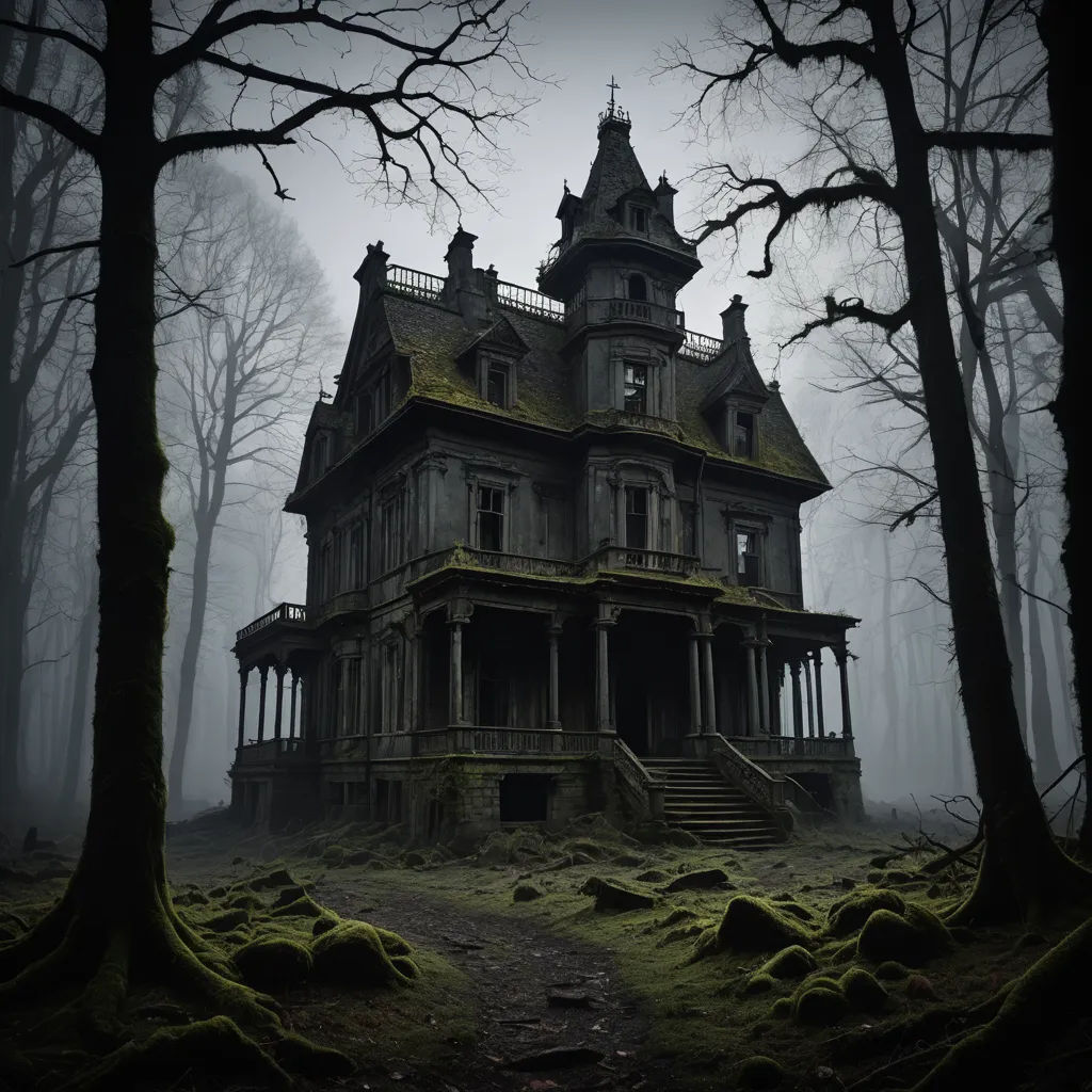 a creepy house in the woods with a creepy look on its face and a creepy staircase leading up to it, gothic art, a detailed matte painting, Eishōsai Chōki, gothic