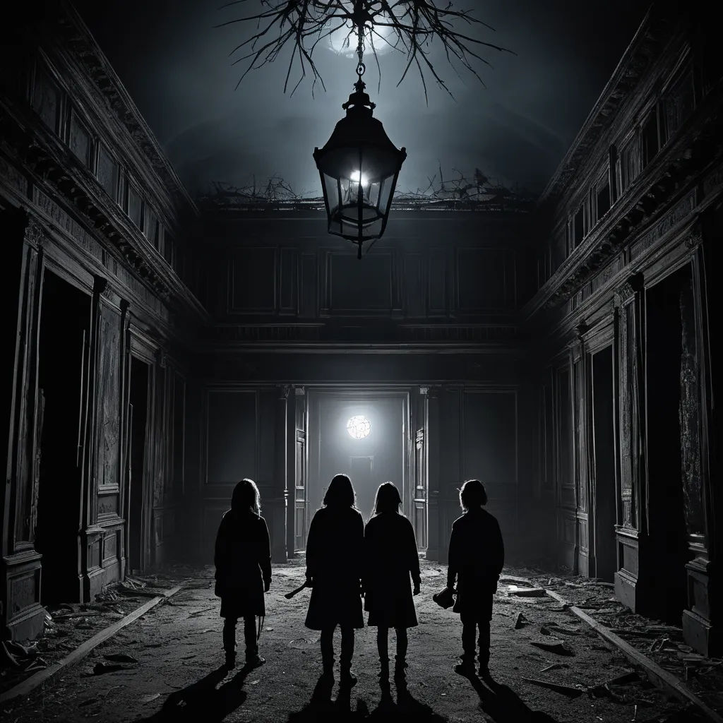 three children standing in a dark hallway under a light fixture in a building with a creepy looking ceiling light, rayonism, poster art, Dirk Crabeth, key art