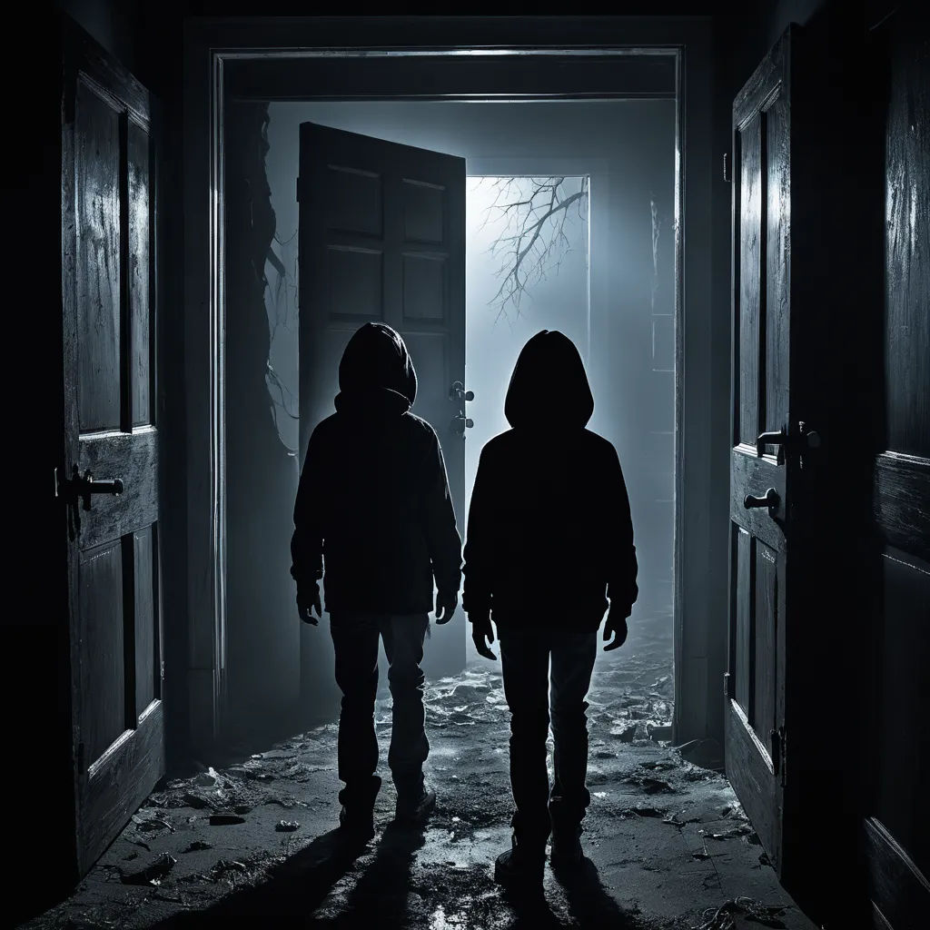 two people standing in a dark hallway with a door open to a creepy room with a tree in the background, antipodeans, concept art, Dirk Crabeth, promotional image