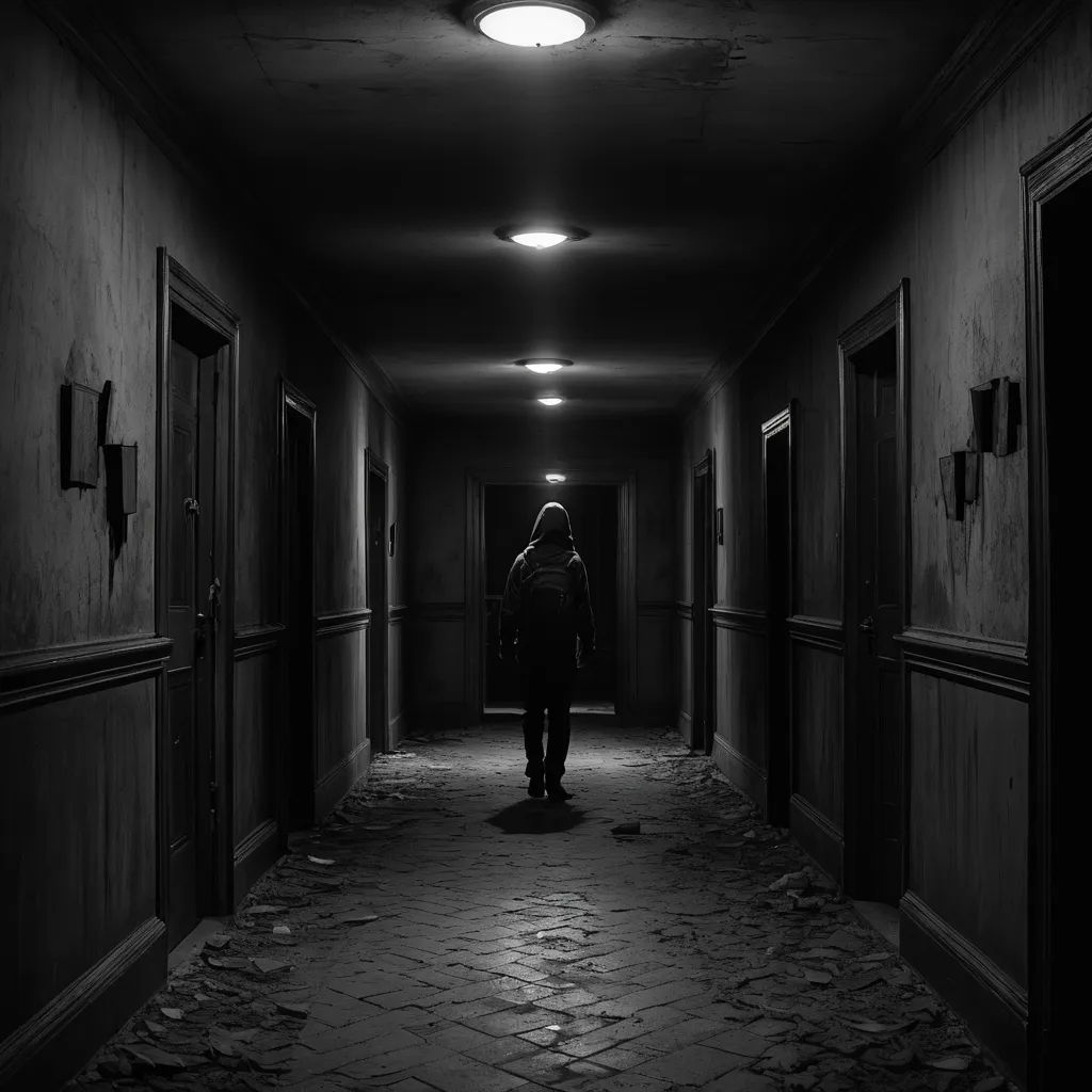 a person walking down a dark hallway with a light on above them and a door open to another room, photorealism, concept art, Doc Hammer, cinematic lighting + masterpiece