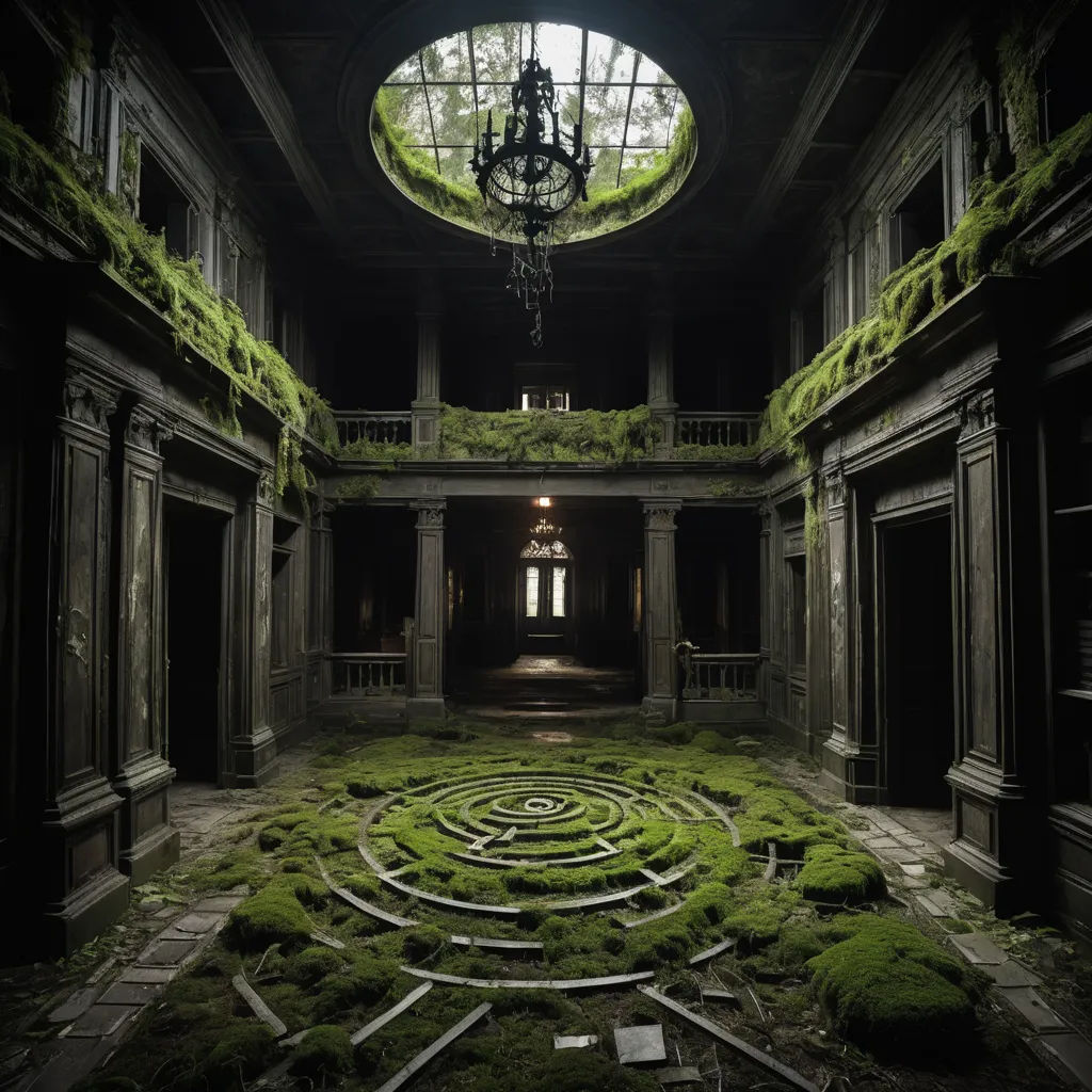 a large room with a circular maze in the center of it and a chandelier hanging from the ceiling, neoplasticism, a detailed matte painting, Dirk Crabeth, overgrown