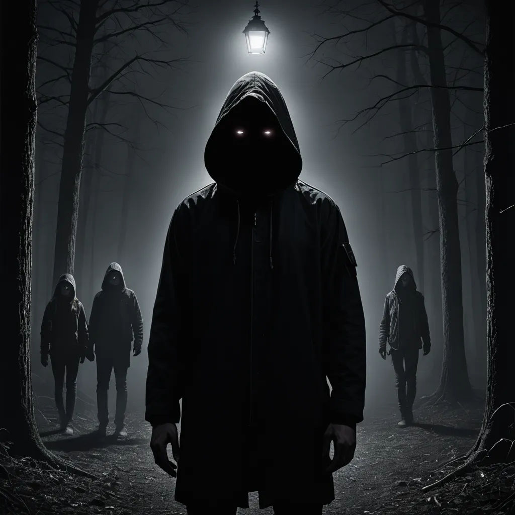 a man in a hooded jacket standing in the woods with a lantern on his head and a group of people walking behind him, antipodeans, concept art, Dirk Crabeth, dark art