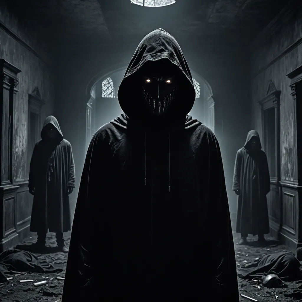 a man in a hooded jacket standing in a dark room with other men in the background, all looking at him, gothic art, poster art, Dirk Crabeth, dark art
