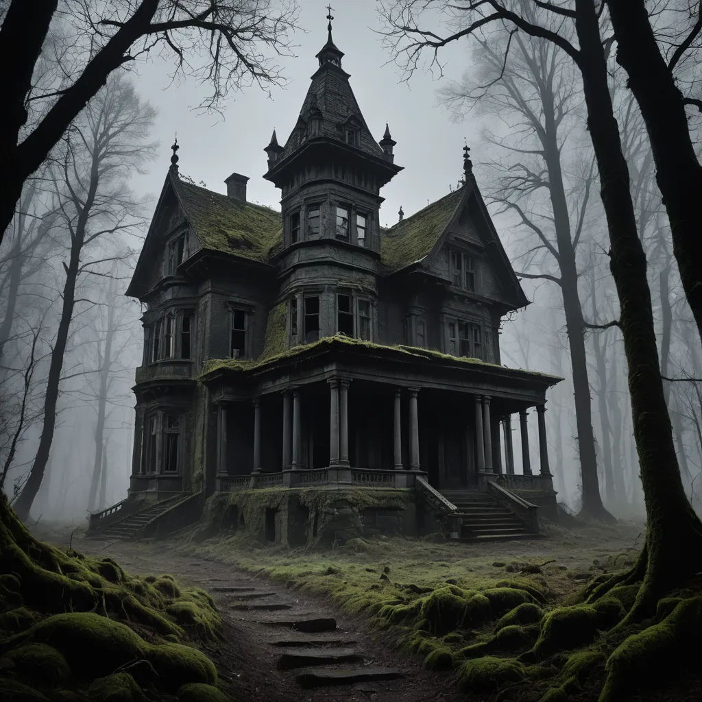 a creepy house in the woods with moss growing on the ground and stairs leading up to it's roof, gothic art, a matte painting, Eishōsai Chōki, gothic
