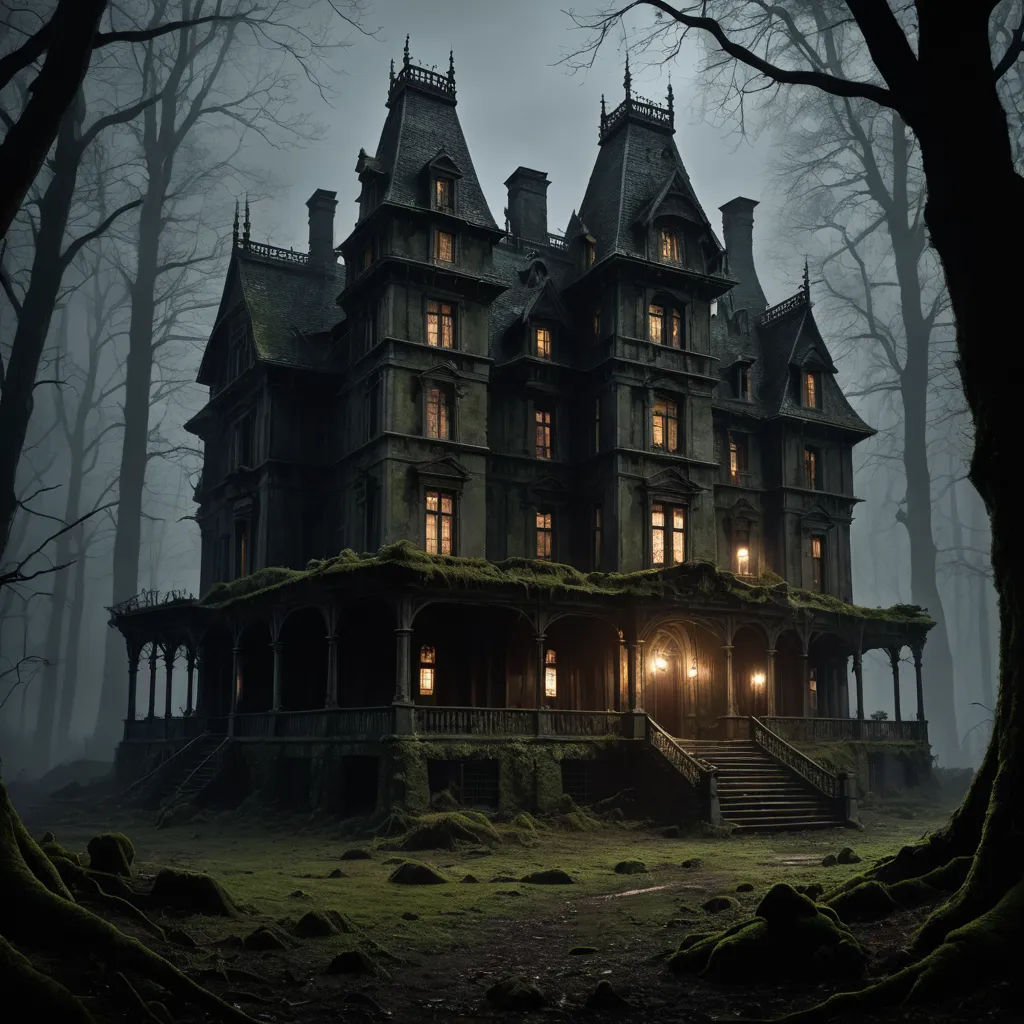 a creepy house with a staircase leading to it in the woods at night with lights on the windows and a creepy tree, gothic art, a detailed matte painting, Dirk Crabeth, matte drawing