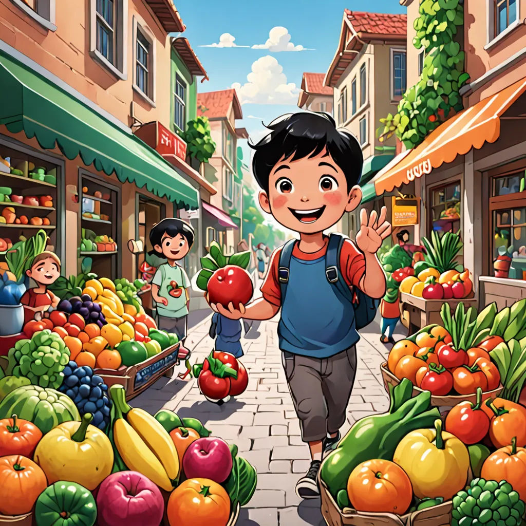 a boy is walking through a market with a bunch of fruit and vegetables in front of him and a woman is walking behind him, lyco art, a storybook illustration, Asaf Hanuka, official art