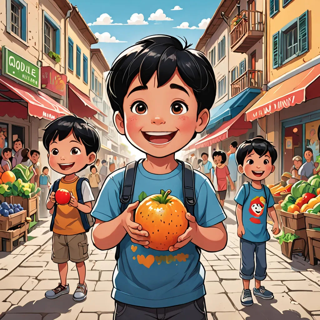 a boy holding a large orange in front of a crowd of people on a street with buildings in the background, lyco art, a storybook illustration, Asaf Hanuka, comic cover art