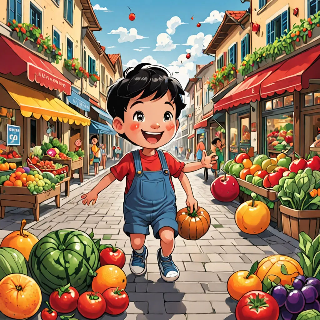 a boy is walking through a market with lots of fruits and vegetables on display in front of him and a building with a red roof, lyco art, a storybook illustration, Diego Gisbert Llorens, storybook illustration