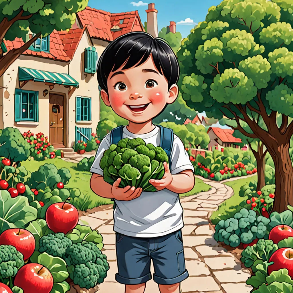 a boy holding a head of broccoli in front of a garden with a house in the background, lyco art, a storybook illustration, Choi Buk, storybook illustration