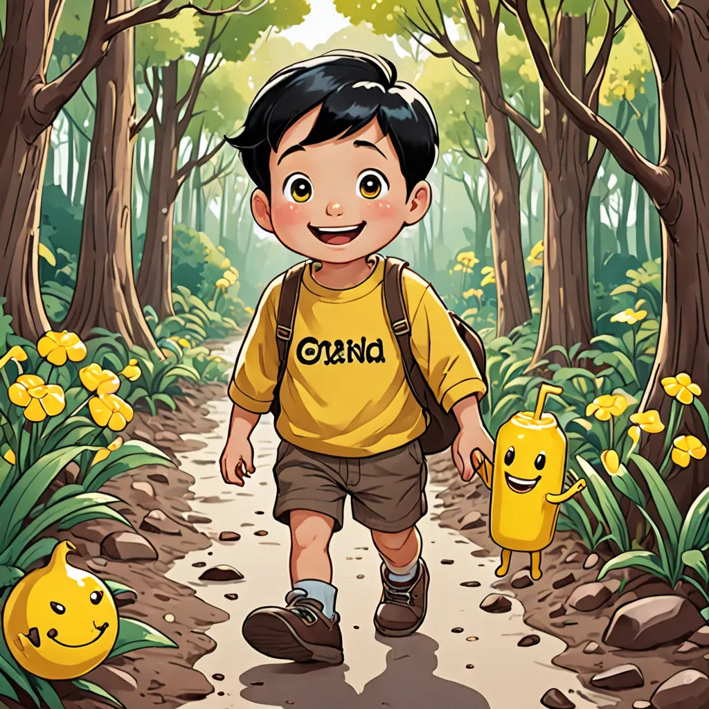a boy walking through a forest with yellow flowers and smiling faces on his face and a yellow cup in his hand, sots art, a storybook illustration, Amir Zand, promotional image